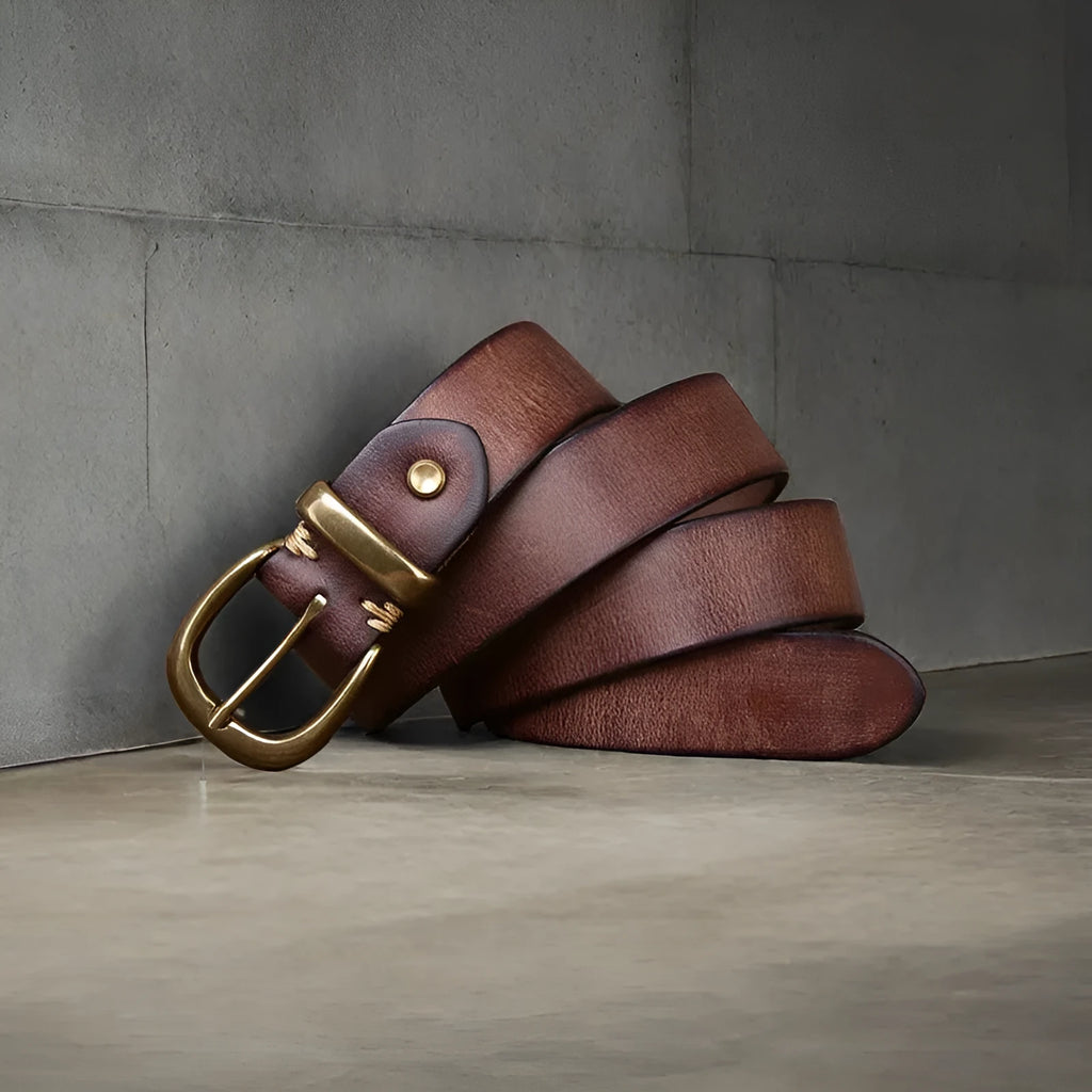 Men's casual jeans belt in genuine cowhide leather with copper buckle
