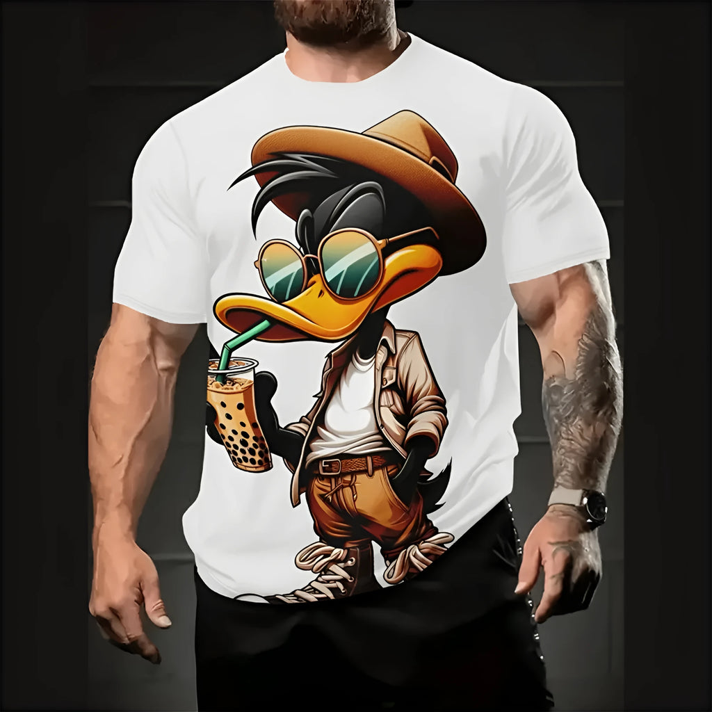 Men's loose fit linen short sleeve shirt featuring a cartoon 3D printed design, shown in one of the available colours.