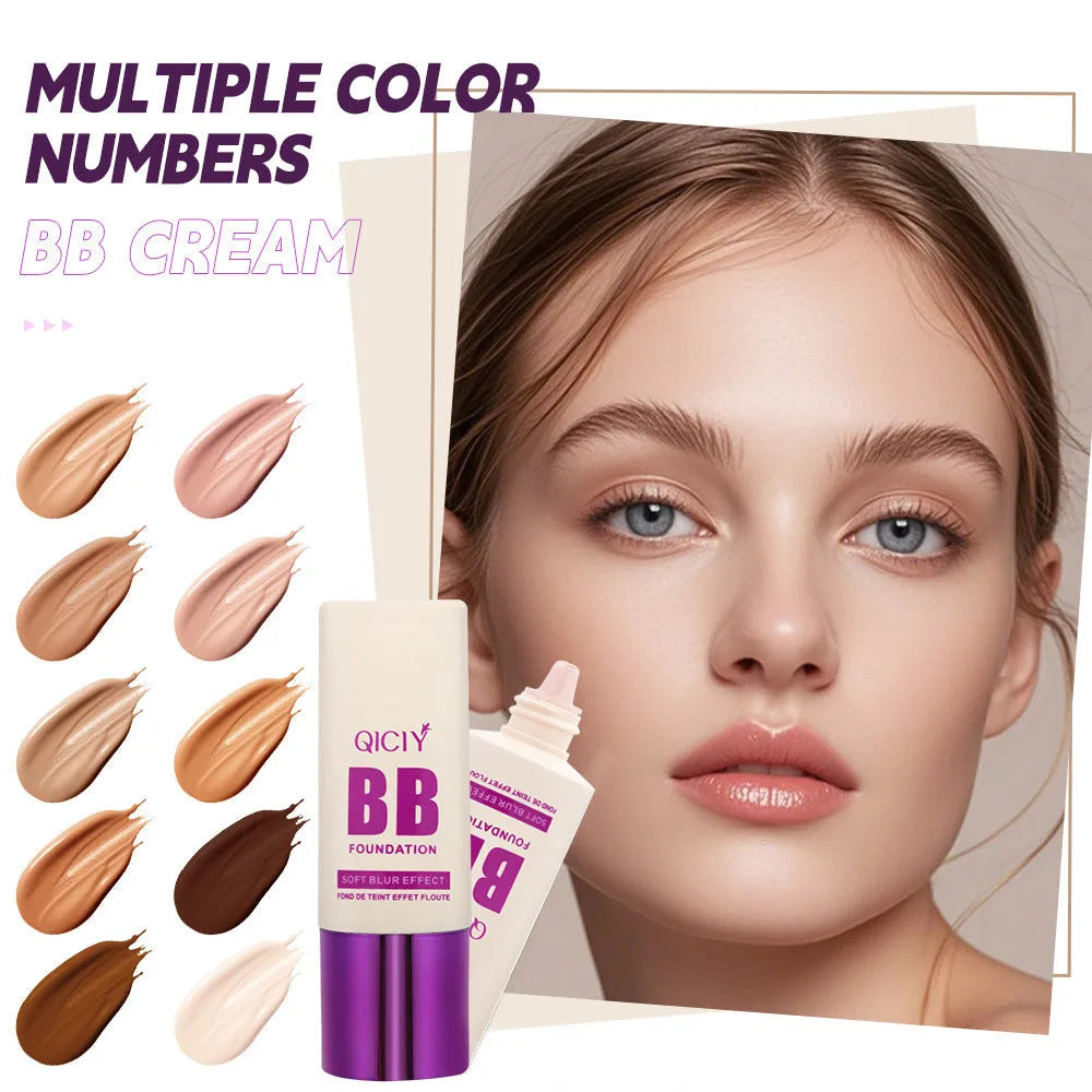 Feeding bottle of liquid foundation BB cream in one of ten available shades for brightening and concealing.