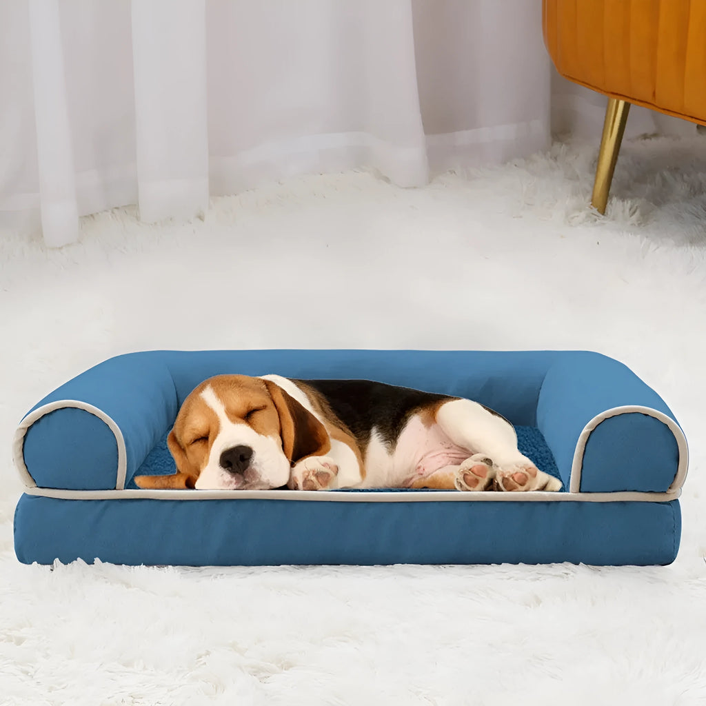 Square sponge dog bed with cloth cover in blue colour, showing breathable cooling design