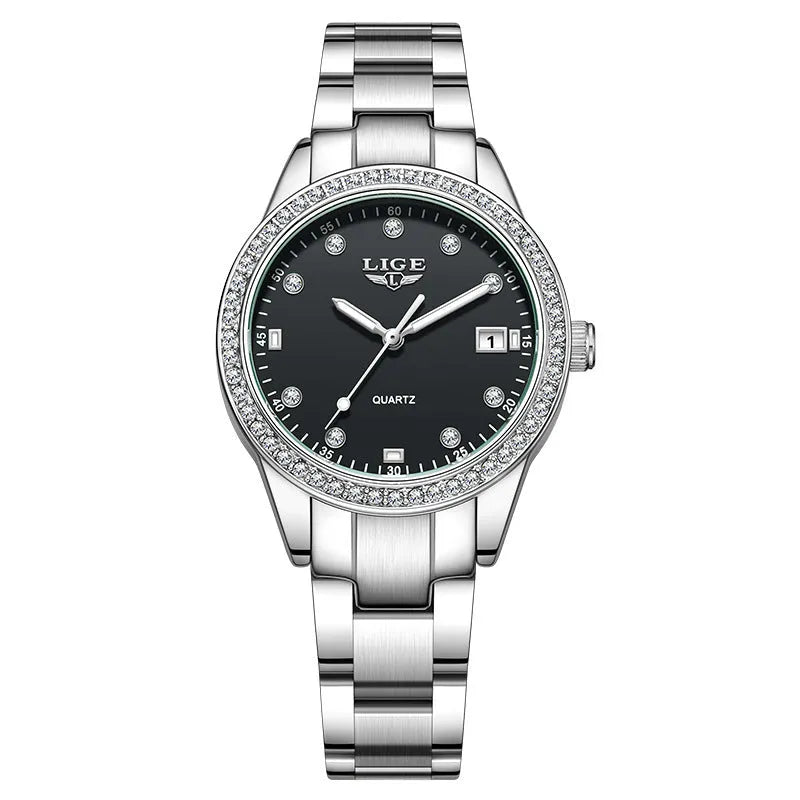 Women's silver fashion watch with diamond-encrusted bezel and luminous hands on 34mm stainless steel case