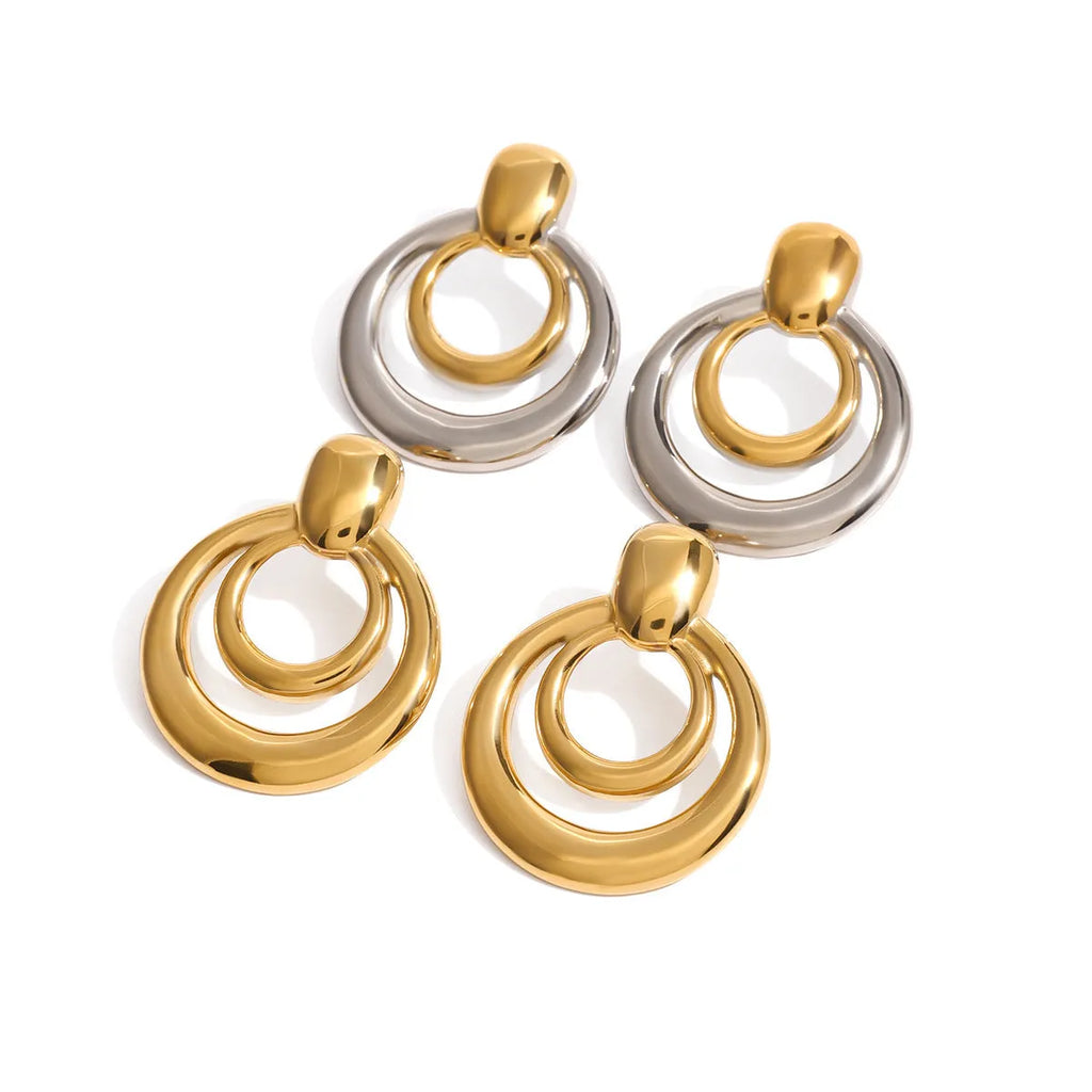 Round golden double-layer hollow stud earrings with geometric design and electroplated finish