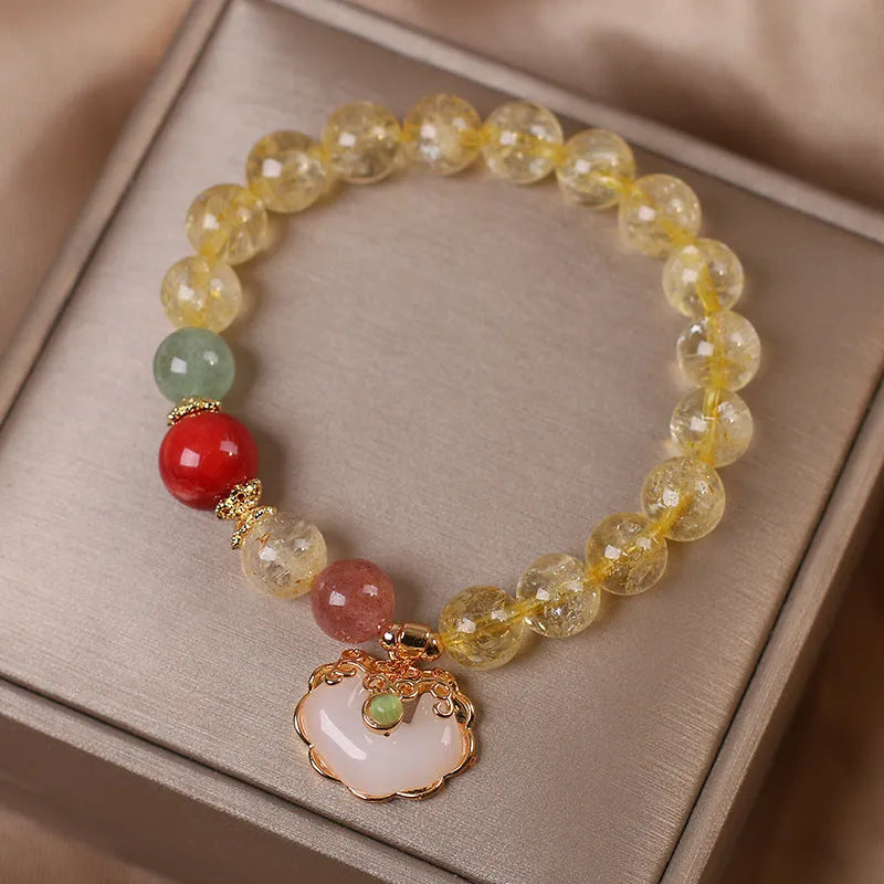 Women's natural citrine jade ruyi pendant bracelet with yellow hair crystal detail on alloy chain