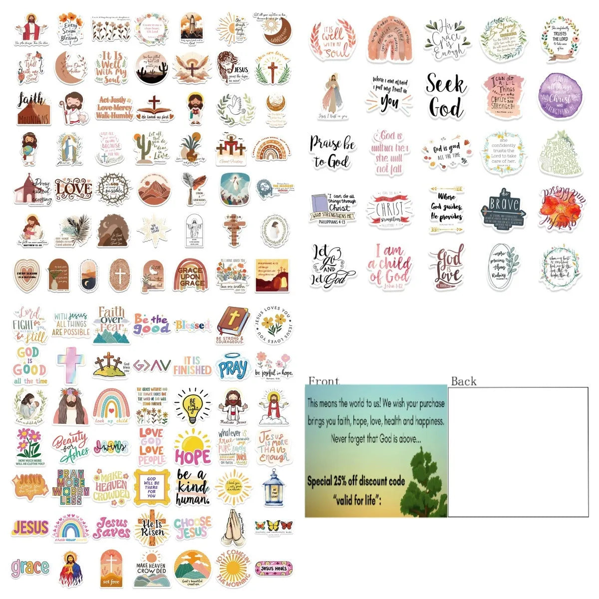 Assortment of 50 printed graffiti stickers on a sheet, showing various street art designs.