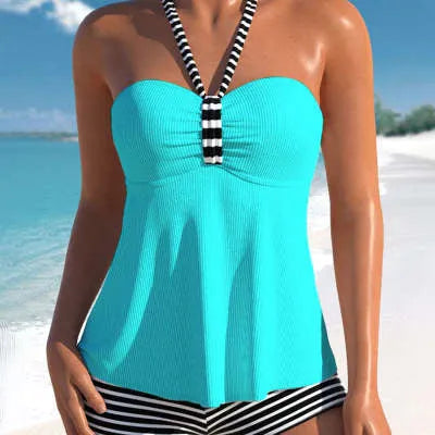 Black and white striped off-shoulder swimsuit for women, one-piece design