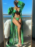 Women's long sleeve bikini set with floral banded briefs and cover-up robe