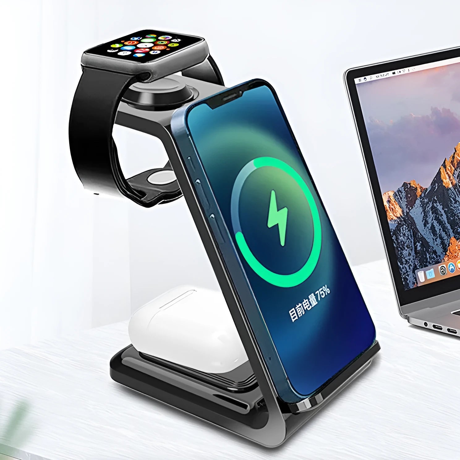 White 3-in-1 upright wireless charging phone holder stand with dual coil charging surface