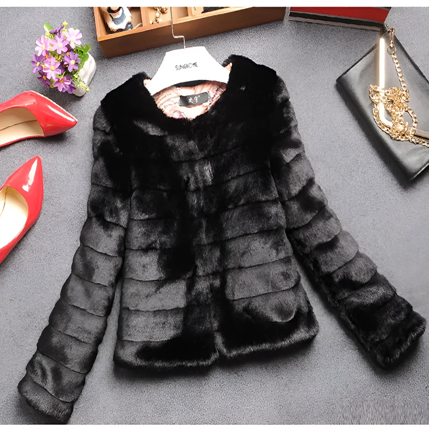 Women's short sleeve faux fur top in beige colour, street fashion style.
