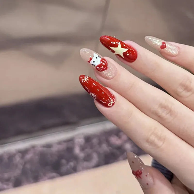 Sweet Girl Wearing Fake Nails press-on artificial nail sets in random colours for DIY application.
