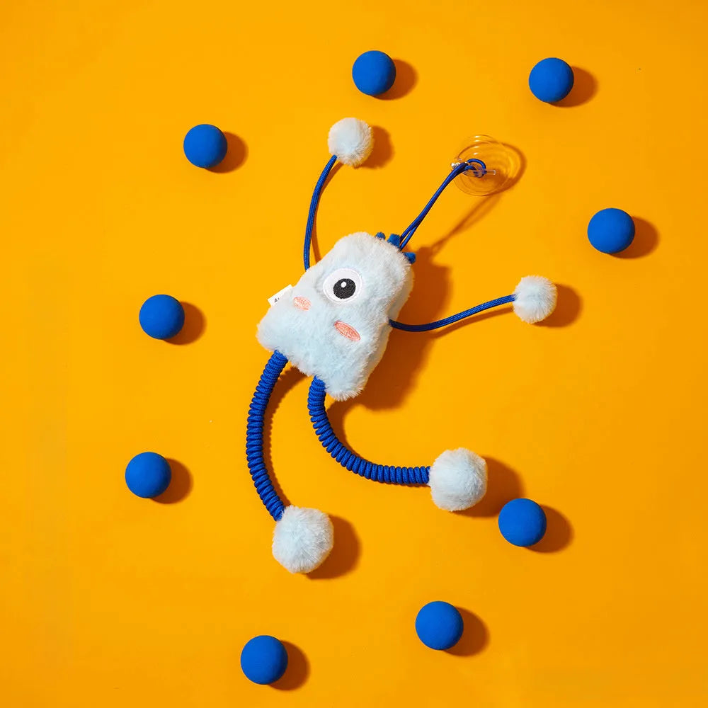 Blue cat plush toy with telescopic elastic pole, mint bell ring, and elastic rope on 30×30 cm base