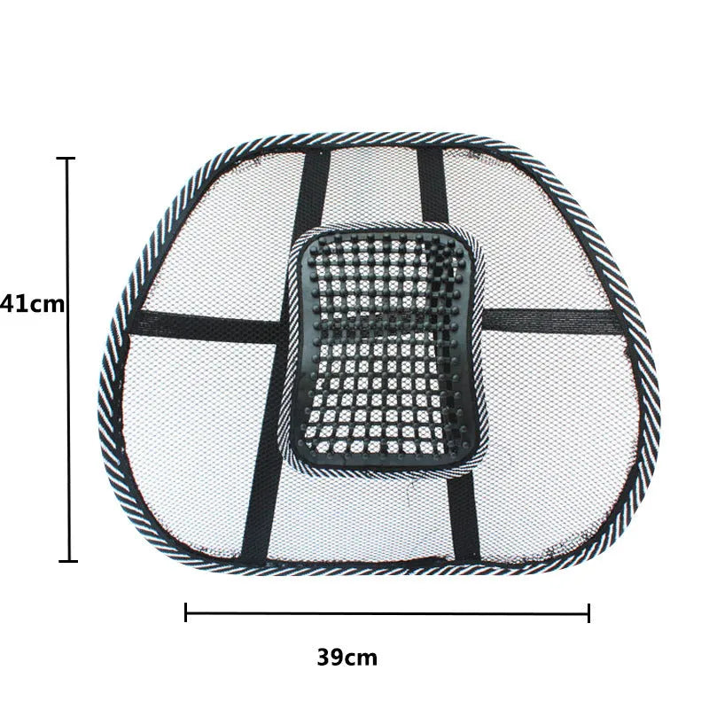Black car lumbar support pillow with steel wire frame measuring 41x39cm