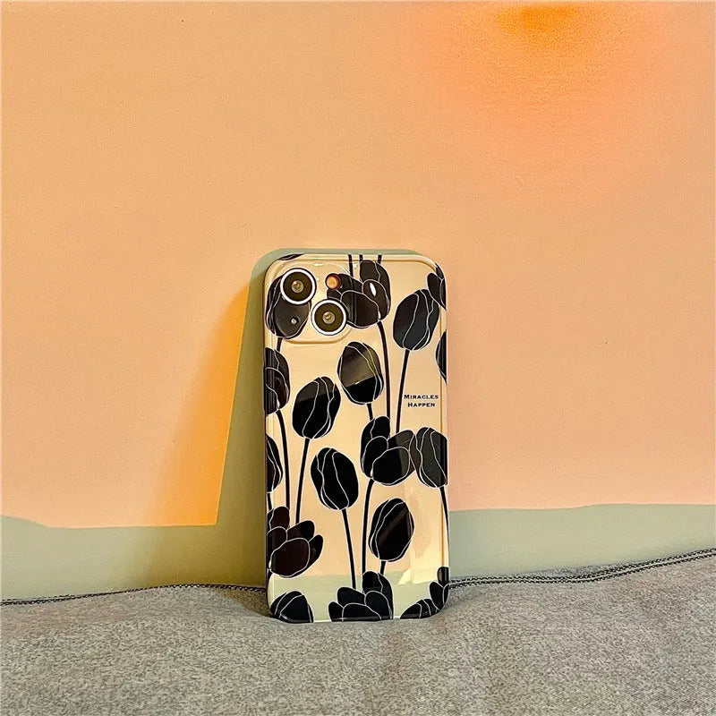 Black silicone iPhone case with tulip pattern design for multiple iPhone models
