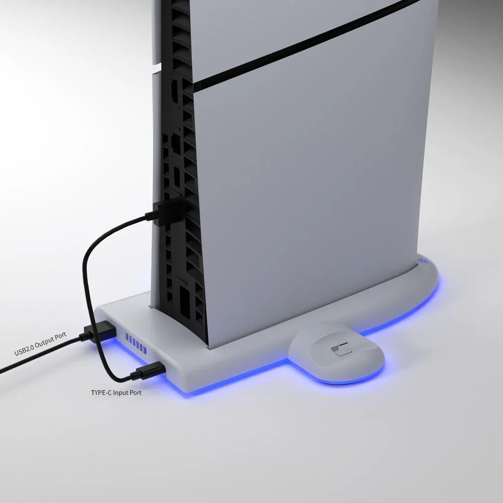 White PS5 Slim charging station with RGB lights and fixed controller charger