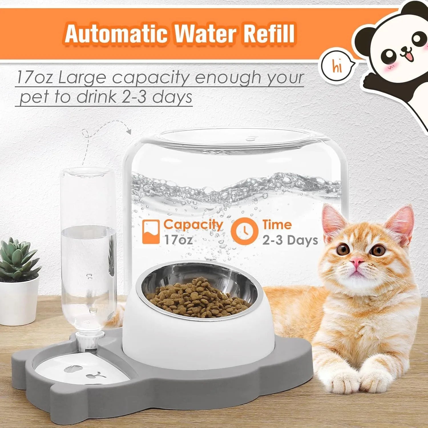 Grey and green panda-shaped automatic water dispenser with tilted stainless steel pet bowls.