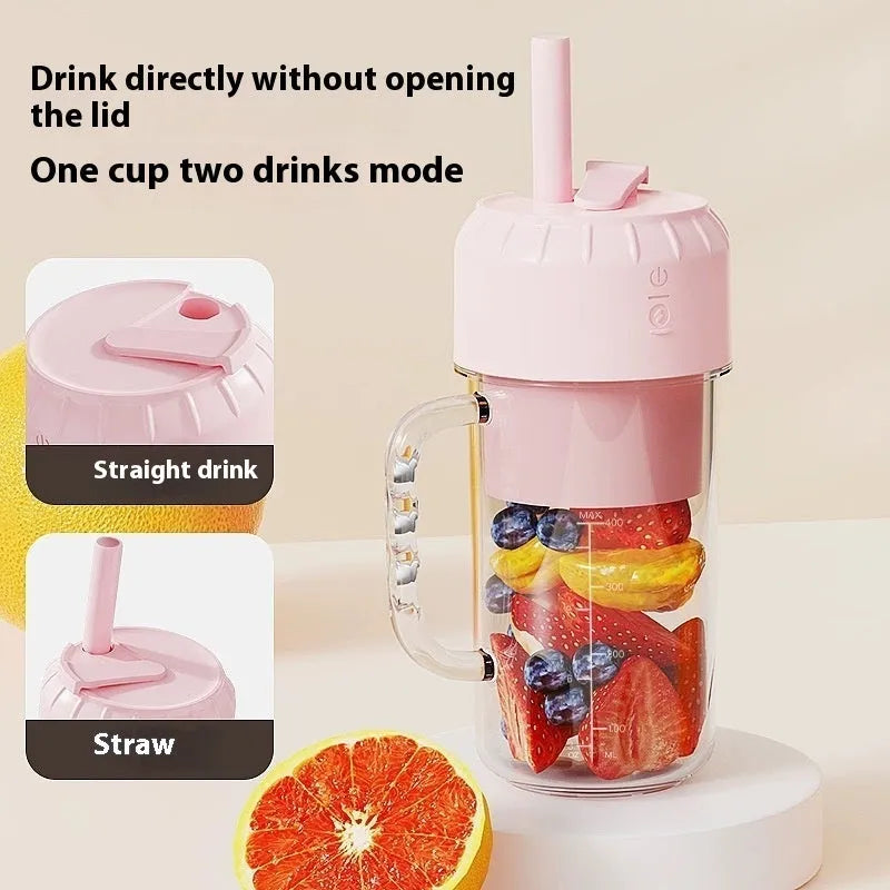 Portable USB juicer in avocado green or cherry blossom pink with multiple blade options for household use