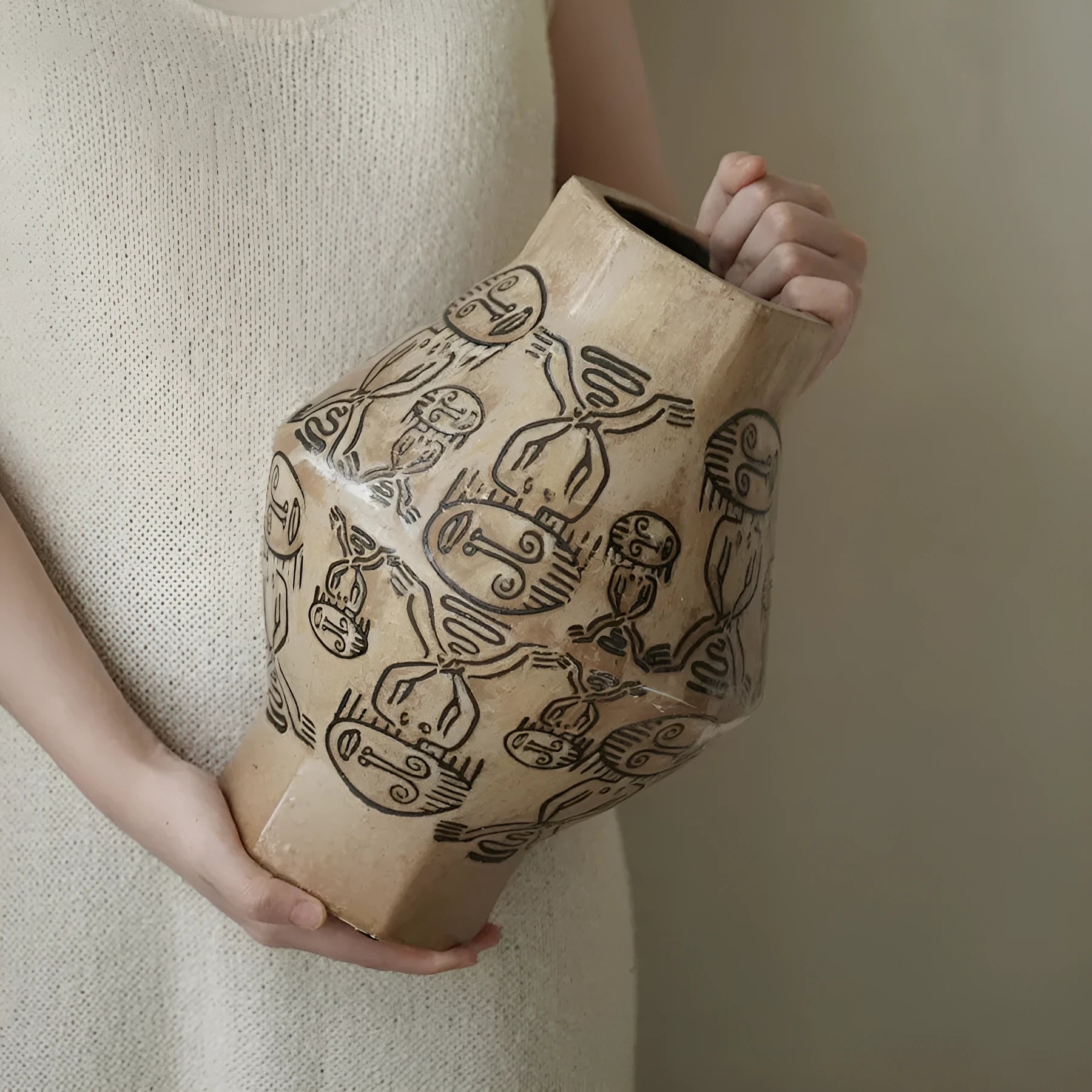 Hand-painted ceramic cylindrical vase with tribal totem floral patterns