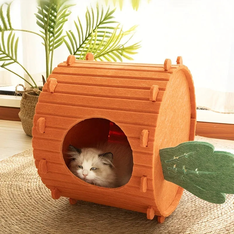 A semi-enclosed felt cat bed with an integrated tunnel, shown in two size options.