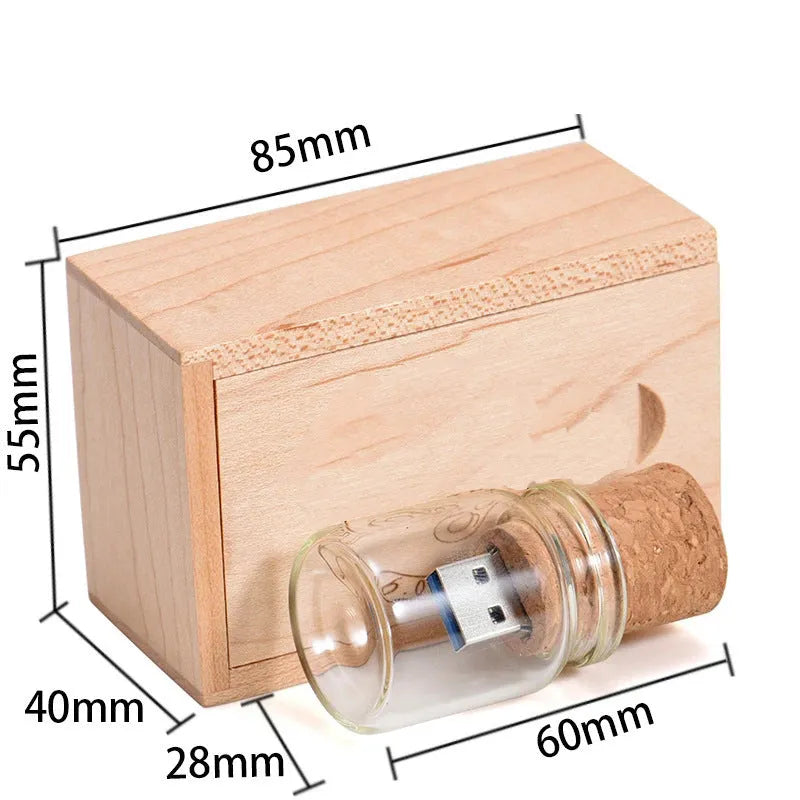 Personalised wooden USB flash drive with chocolate-brown casing showing dimensions and custom graphic option