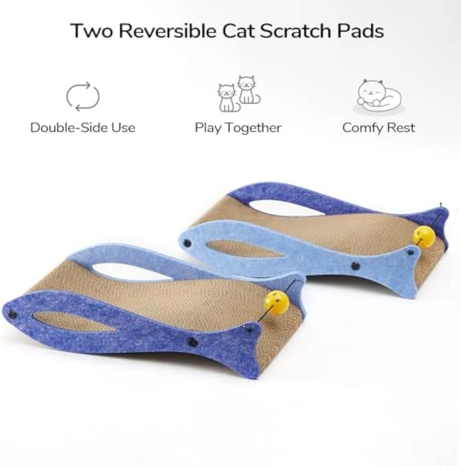 Blue fish-shaped cardboard cat scratcher lounge with an integrated bell ball toy on a string.