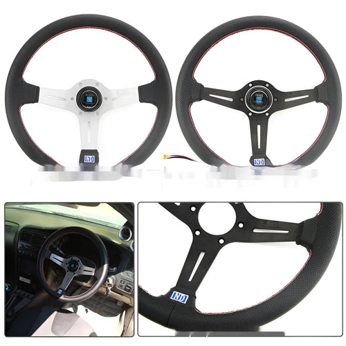 14-inch silver black leather steering wheel with concave centre grip and skeleton frame visible