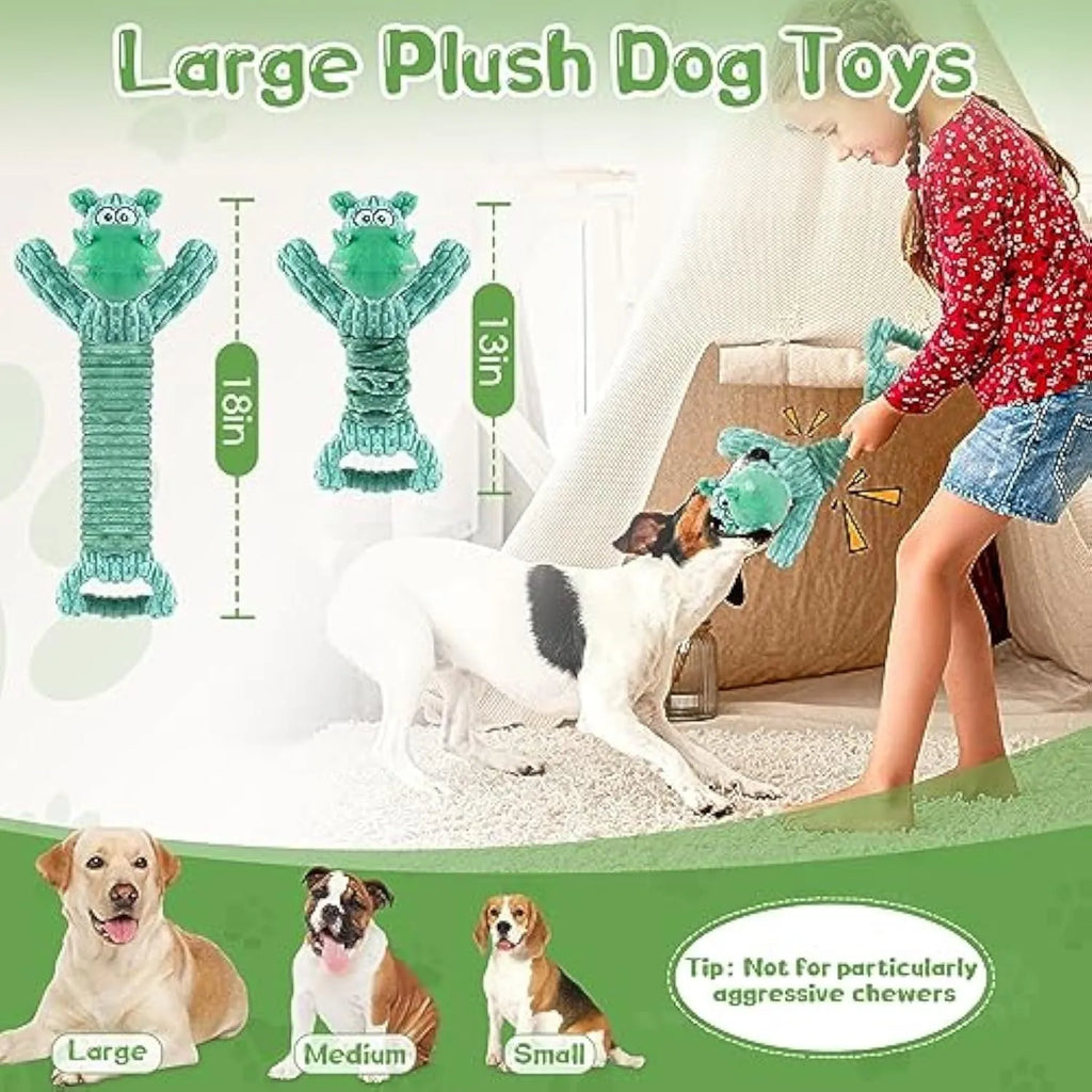 Large plush dog toy with handle, showing Hippo or Monkey design, for squeaky and crinkle interactive play