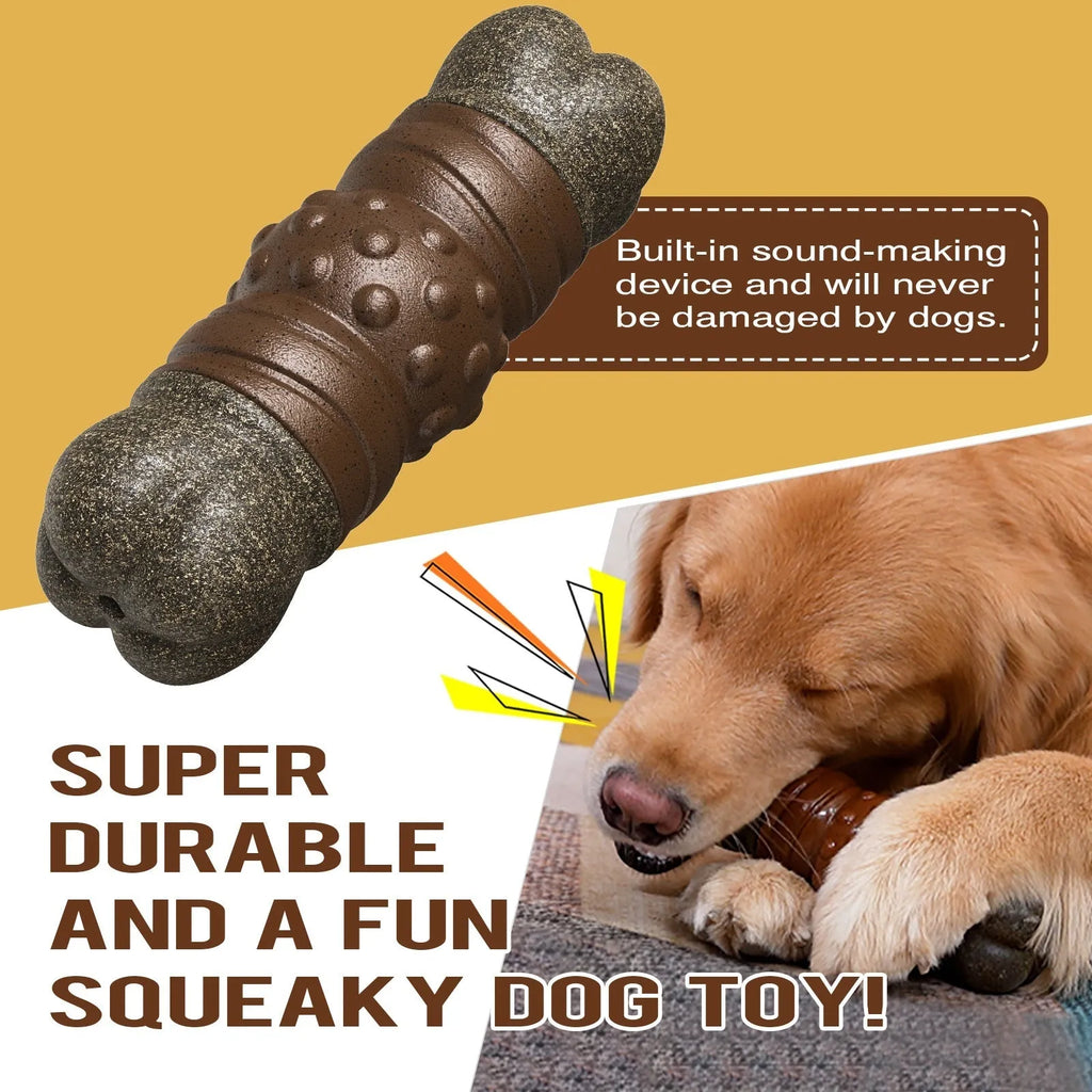 Wood colour plastic dog toothbrush chew toy with molar rod design and audible sound feature