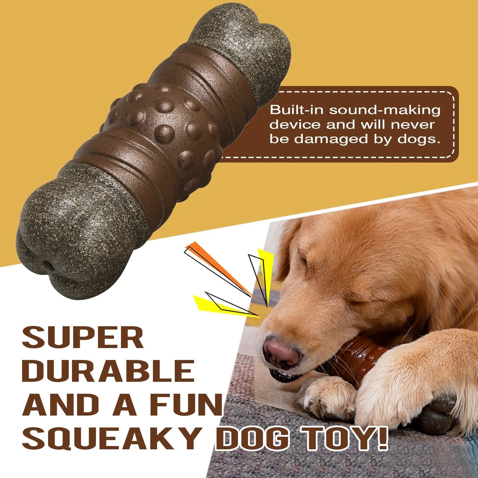 Wood colour plastic dog toothbrush chew toy with molar rod design and audible sound feature
