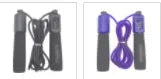 Adjustable skipping rope with blue foam handles and heavy-duty PVC cable on a grey background