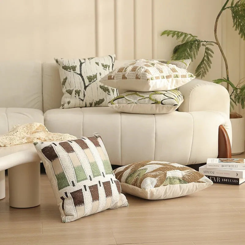 45cm square jacquard cushion cover with retro plant and flower pattern in various colours.