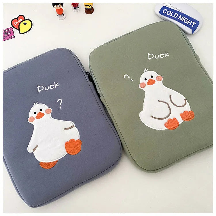 Cartoon cute duck embroidery tablet case with zipper closure in cotton material
