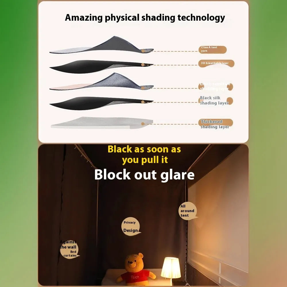 Grey blackout bed curtains with integrated mosquito net for 0.9m single bed with three-door access