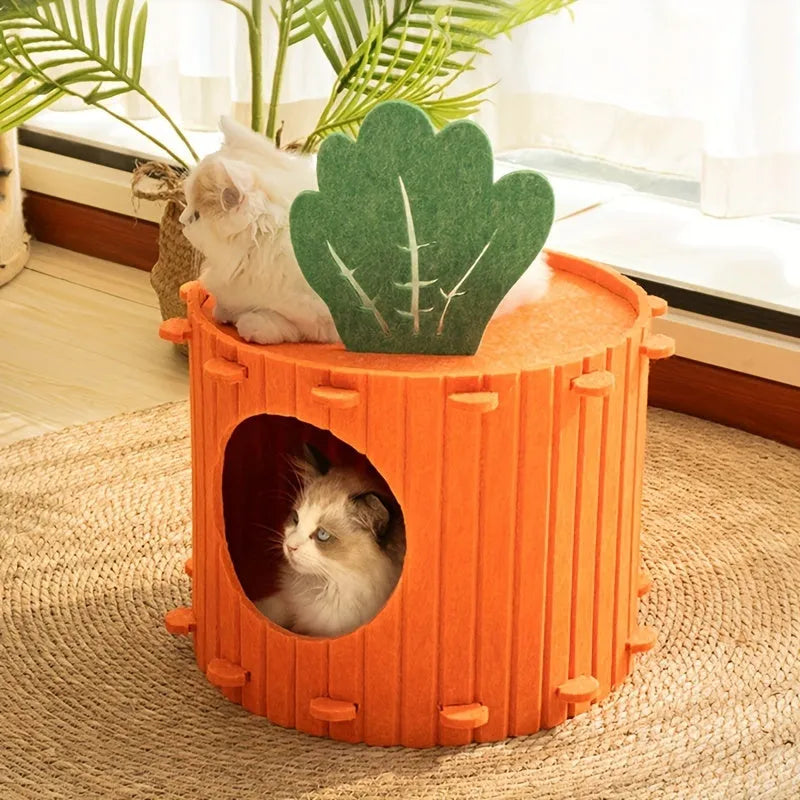 A semi-enclosed felt cat bed with an integrated tunnel, shown in two size options.