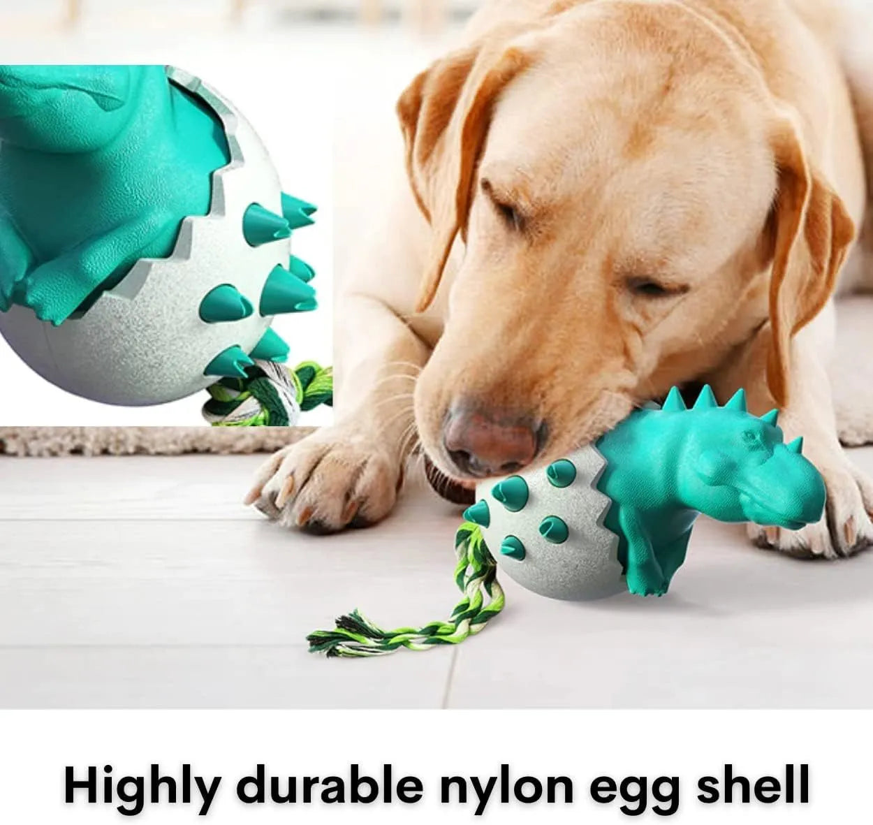 Blue durable dinosaur-shaped dog chew toy with an integrated rope and textured surface for dental care.