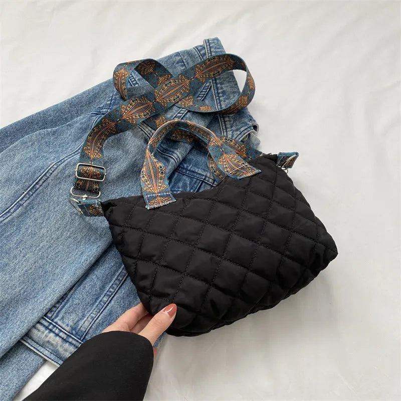 Soft Oxford cloth shoulder messenger bag with embroidery design and internal phone pocket in horizontal square shape