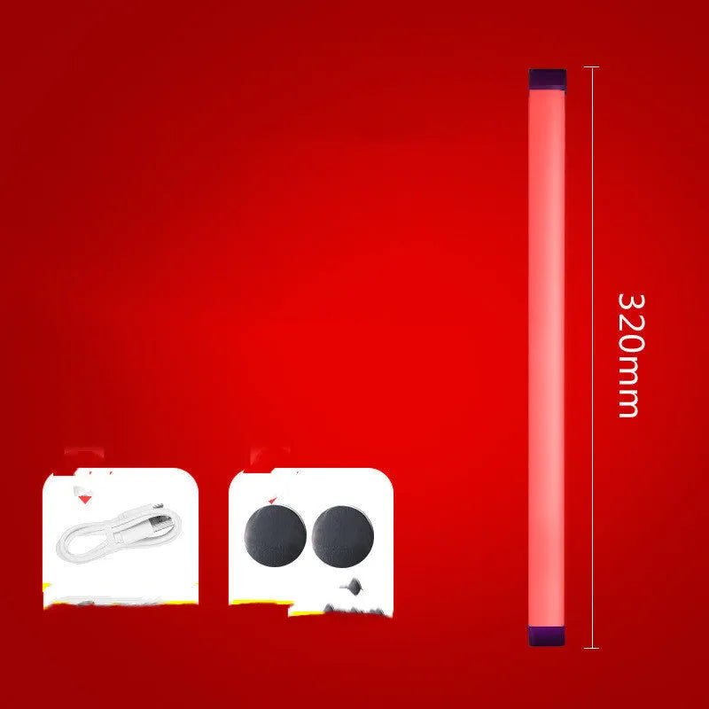 Rechargeable dimmable LED tube light in blue or purple colour showing 17cm, 32cm, and 52cm size options.