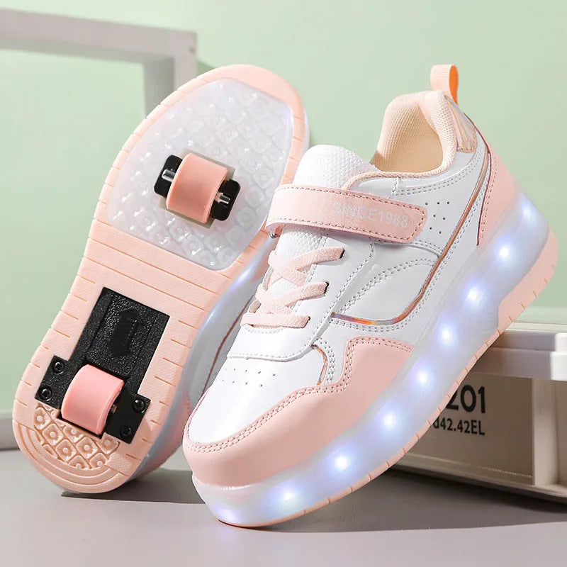 Children's charging flash rollerskates with LED lights in pink colour