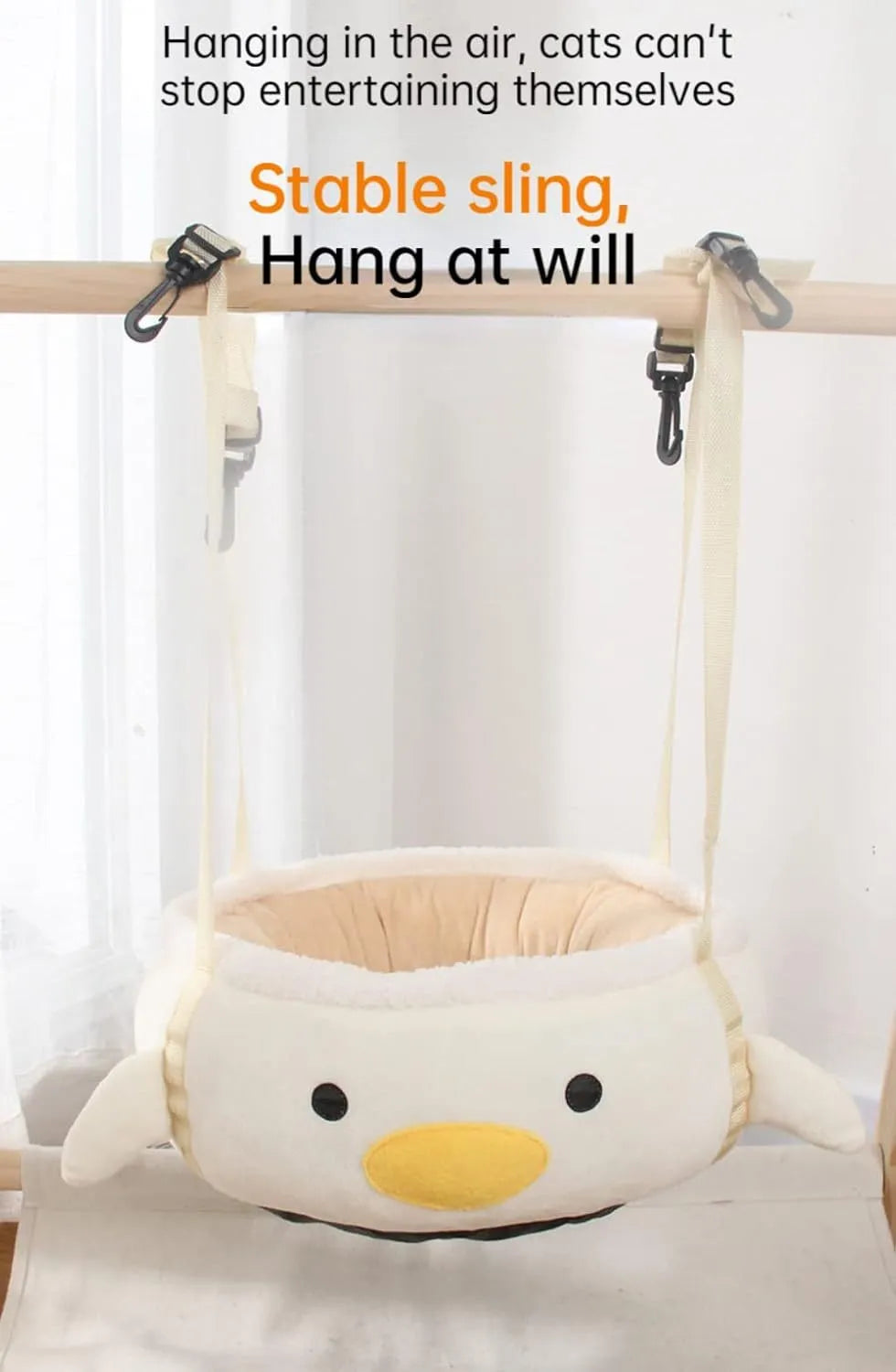 Green chick-shaped cat bed shown both flat and hanging as a hammock, suitable for small pets.
