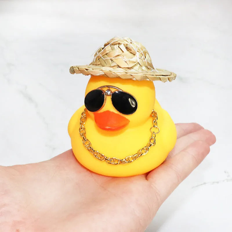 Yellow duck car dashboard ornament with straw hat and sunglasses necklace accessory