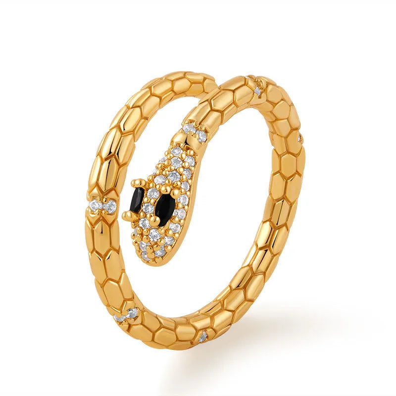 Adjustable snake-shaped copper ring with 18K gold colour plating for index finger
