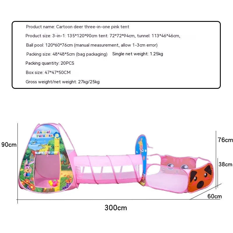 Three-piece children's play tent centre with integrated ball pool and tunnel in colourful cartoon design