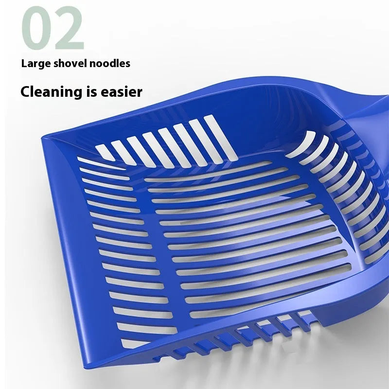 Blue, red, or yellow plastic cat litter scoop shown in small and medium size options.