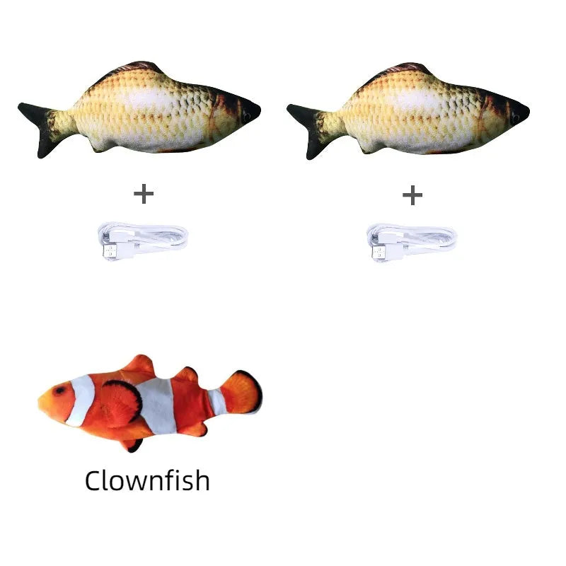 Multicolour electronic fish cat toy measuring 30cm with USB charging cable