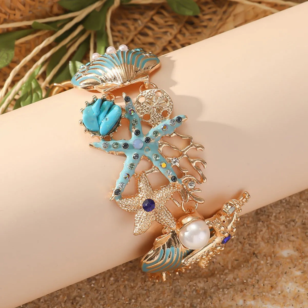 Women's electroplated alloy boat anchor rhinestone bracelet with starfish design