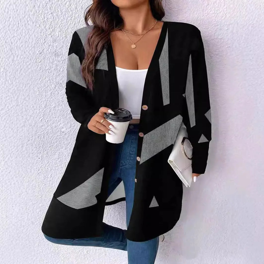 Black loose casual plus size knitwear cardigan with button stitching and printing design
