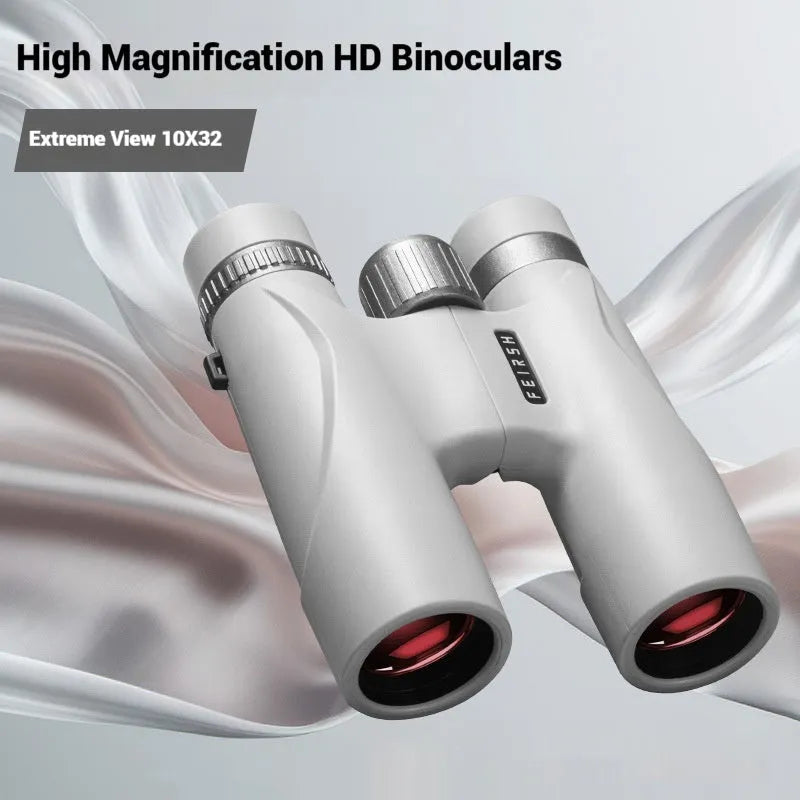 Compact wine red finish binoculars with 10x32 magnification shown in grey and blue colour options