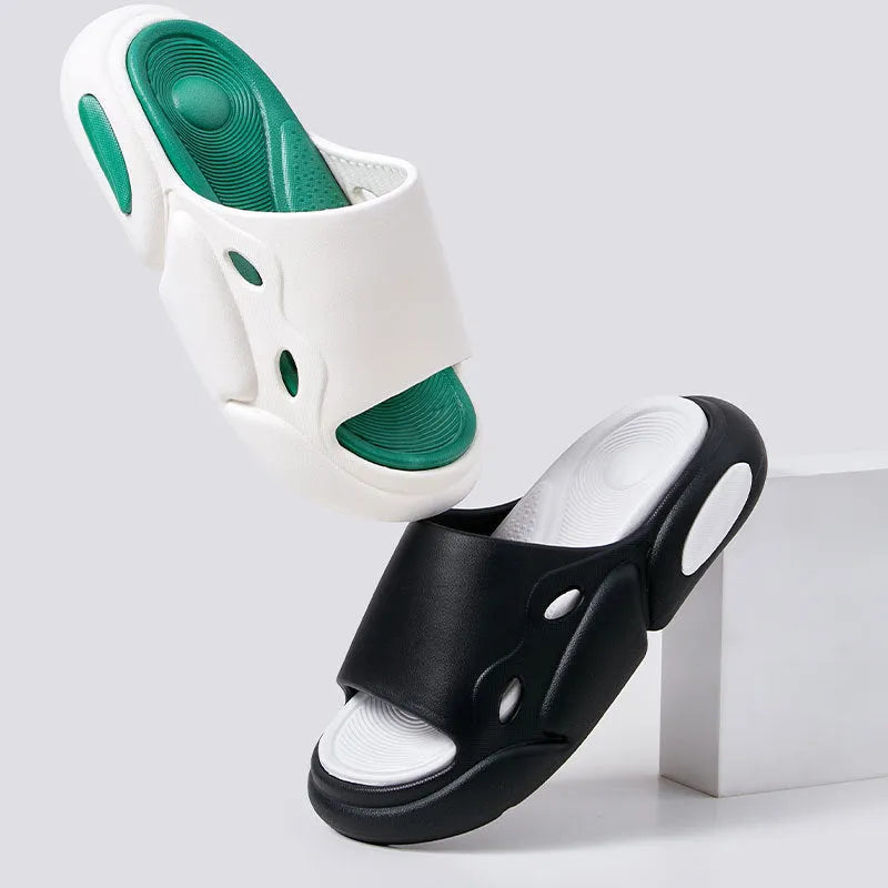 Two-colour EVA foam couple slippers with thick soles and leather lining in black white combination