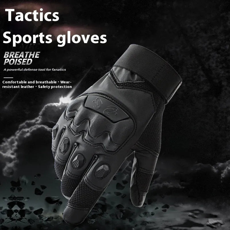 Men's black tactical full-finger gloves with touch screen capability on the fingertips.