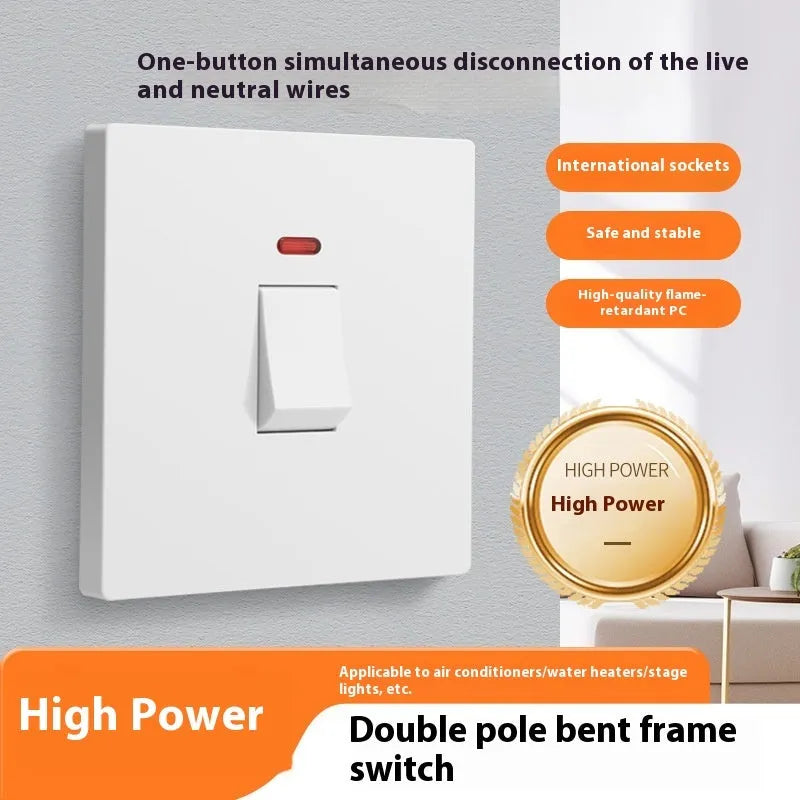 Gold, grey, or white coloured industrial switch with light panel for 25A or 45A high-current circuits.