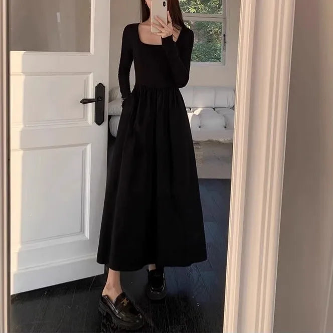 Women's black knitted square collar dress with elastic waist and A-line long skirt