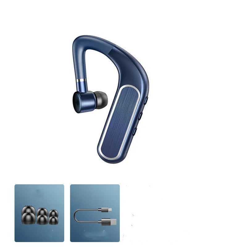 Black Bluetooth earphones with silicone ear caps, shown in hanging-ear design for running and driving